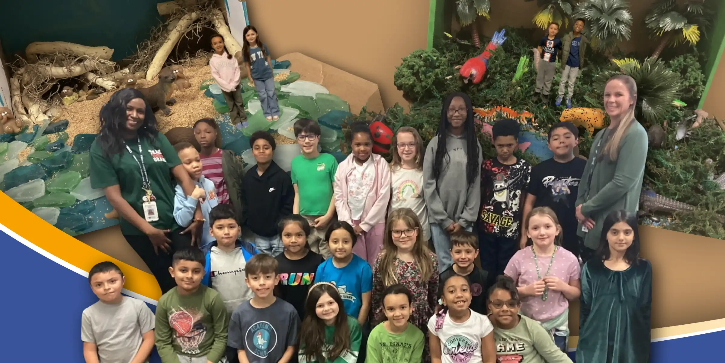 Collages of photos including a group of elementary students and two teachers. Other photos include students inside their virtual dioramas with plants and animal figures.