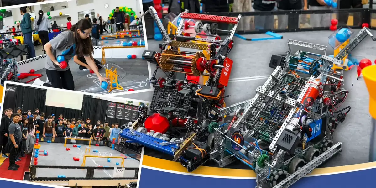 VEX robotics competition collage showing teams operating robots on a field and two robots battling for red and blue game pieces.