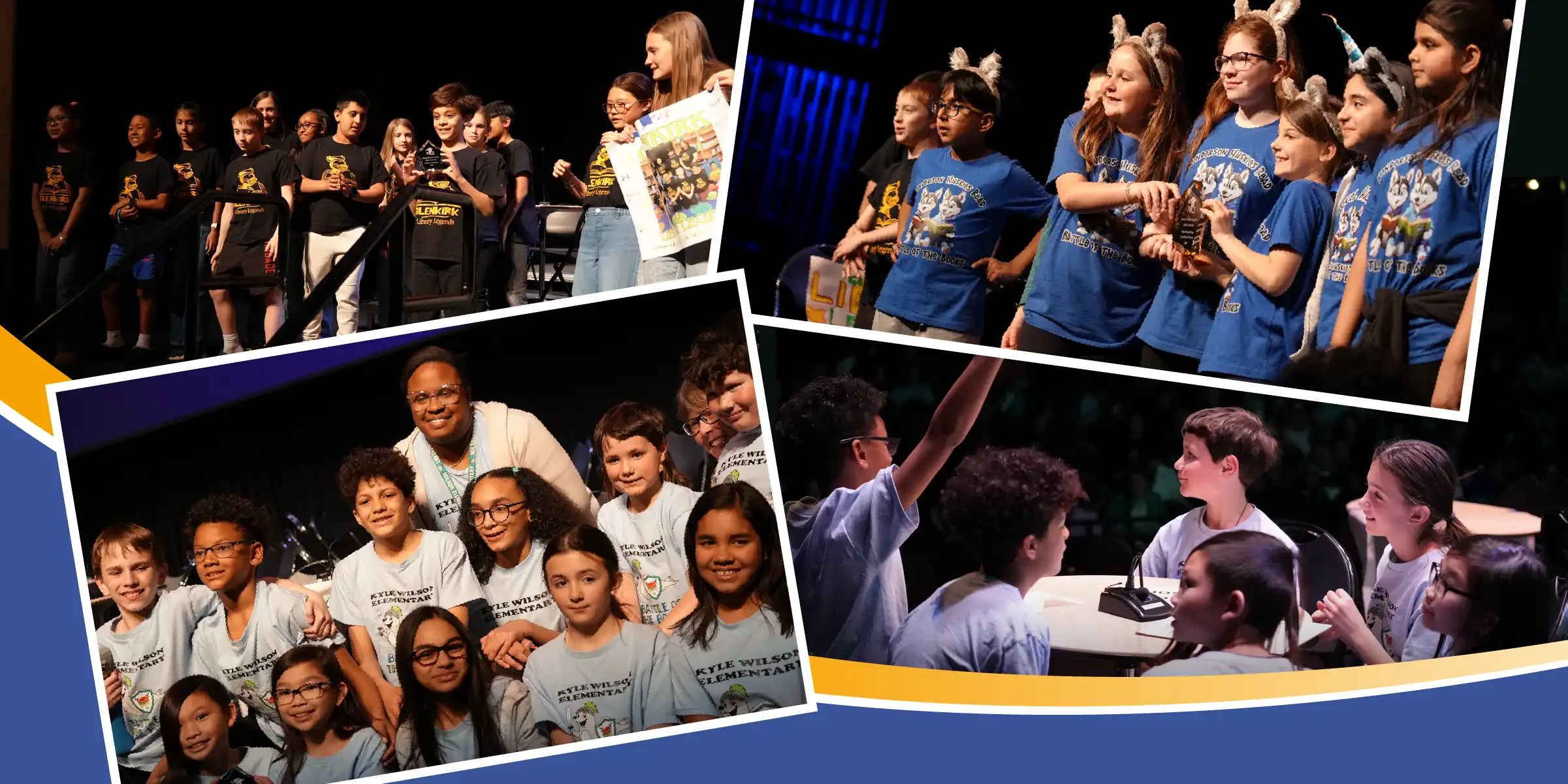 Collage of student teams on stage at an academic competition, celebrating with trophies and posing for group photos.