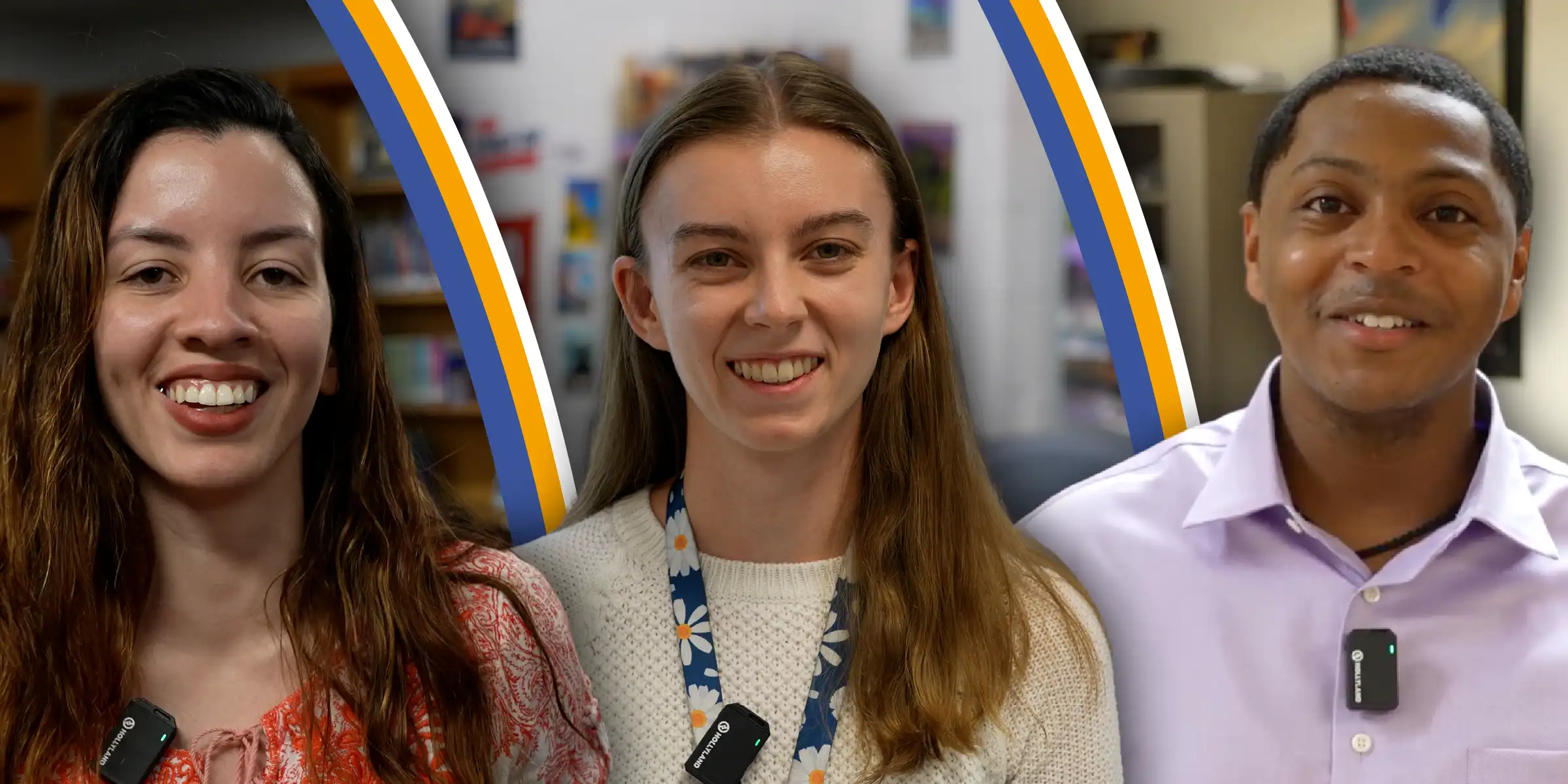 Three smiling people in a three-panel layout, separated by blue and yellow curved stripes.