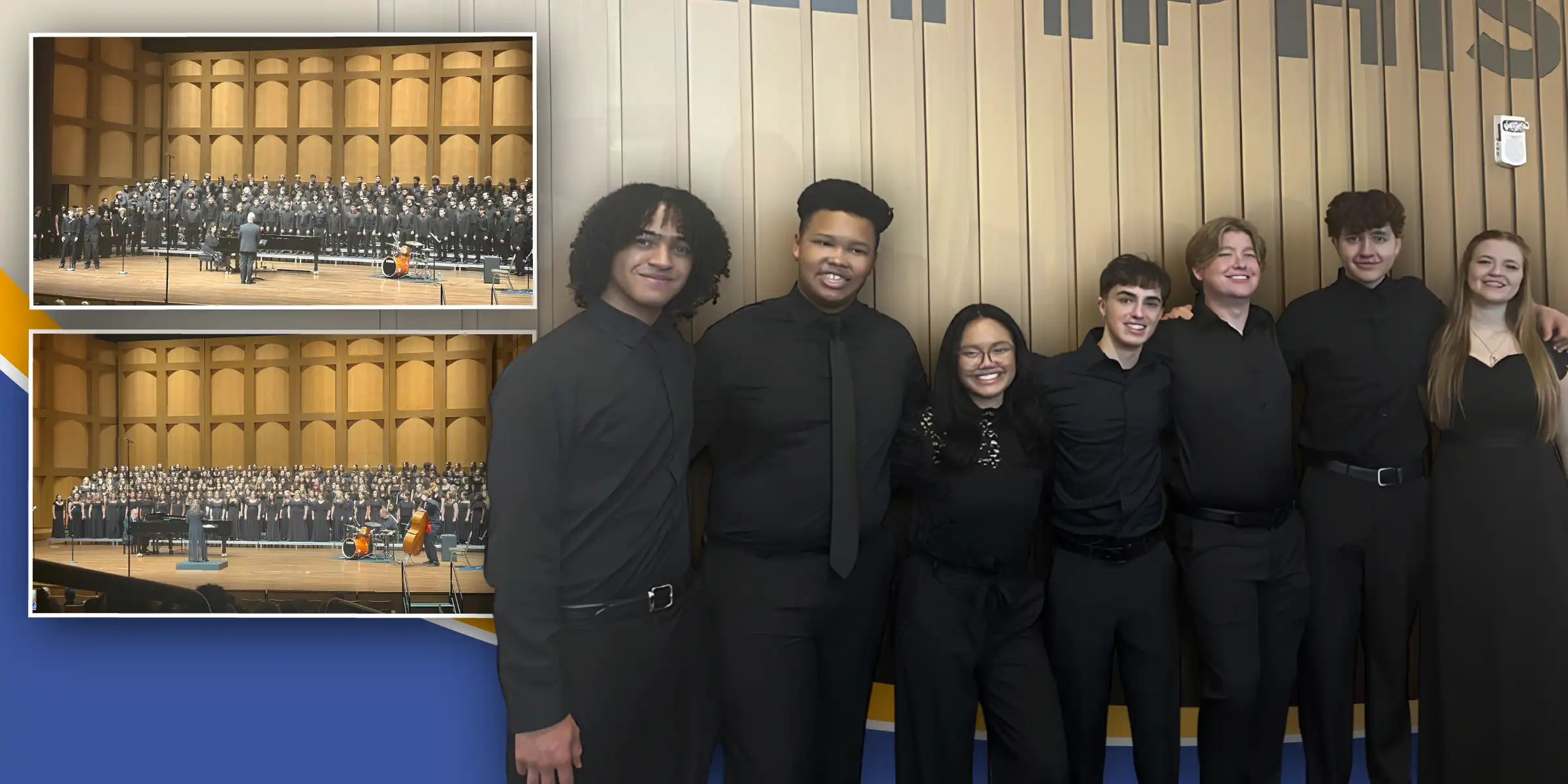 Group of seven students in black concert attire smiling and posing indoors, with inset photos on the left showing a choir performing on stage.