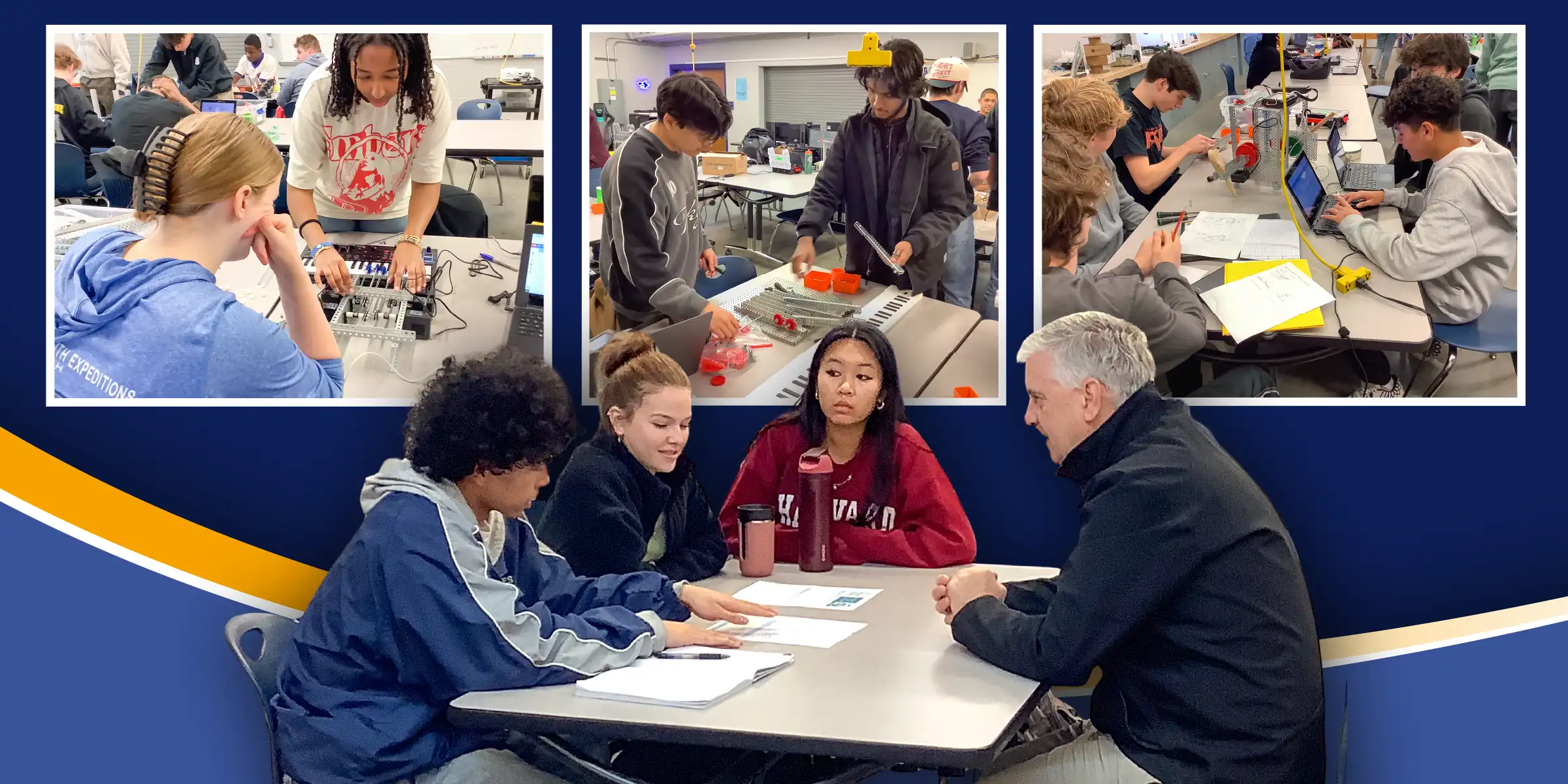 Collage of students collaborating in a STEM classroom, assembling robotics parts and working on laptops, with a group meeting with an instructor at a table in the foreground.
