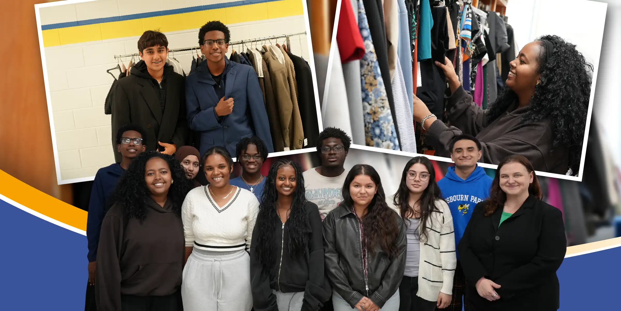 Collage of students. One photo is the FBLA club posting together; one is of two students standing by a clothing rack trying on suit jackets; the last is of a student looking through donated clothing items.