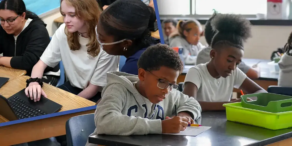 Collage of students sitting at desks in classrooms