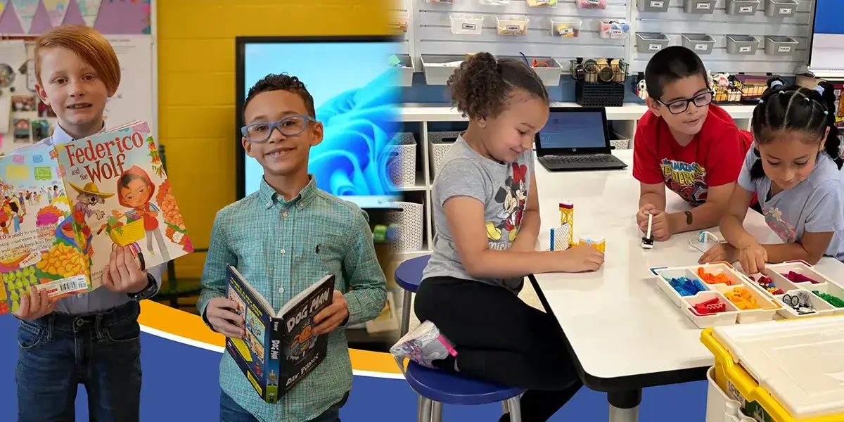 Collage of elementary school students reading books and working with manipulatives
