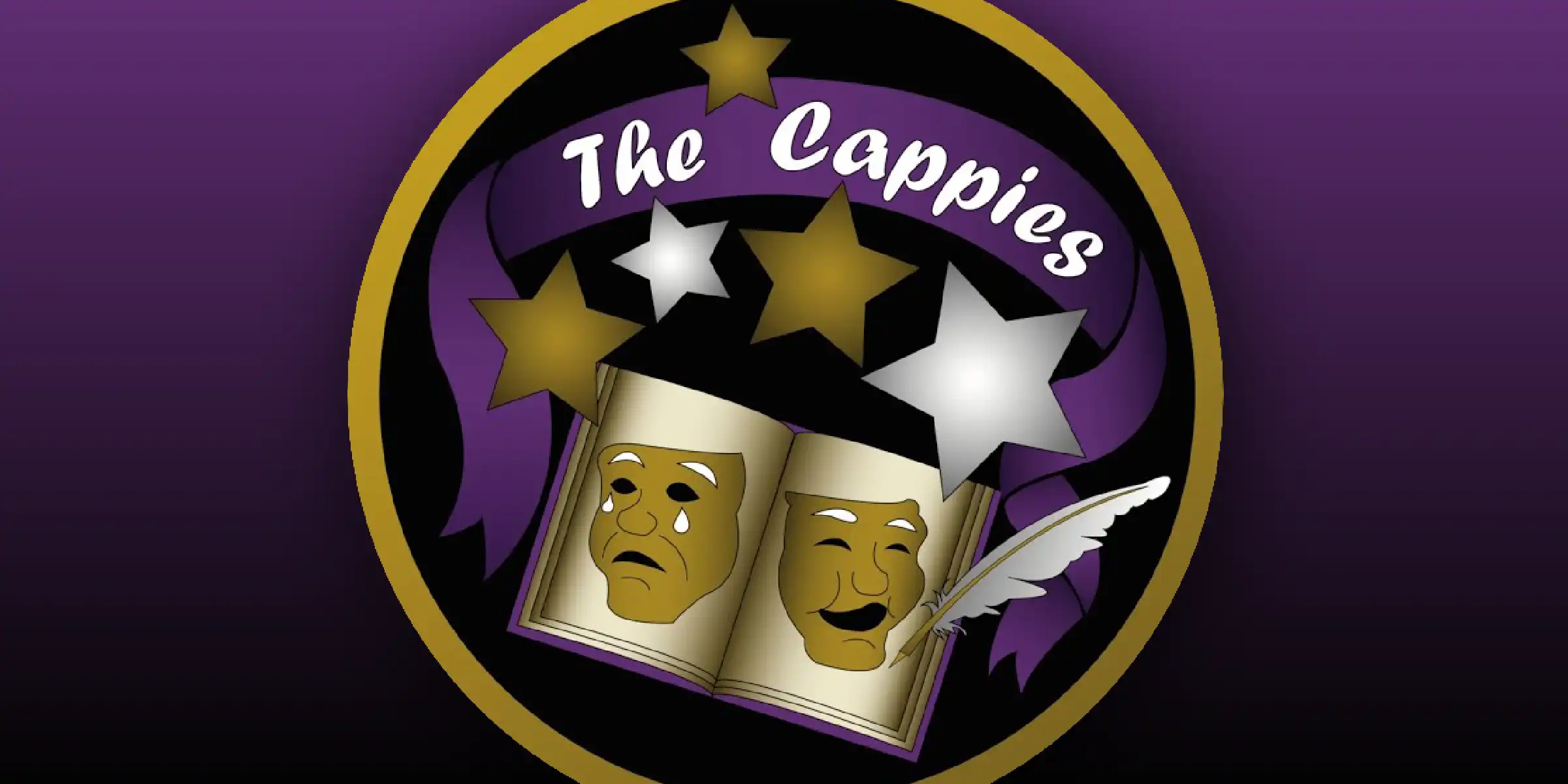Logo for “The Cappies” featuring a black top hat with stars above an open book with comedy and tragedy masks and a feather quill on a purple background.