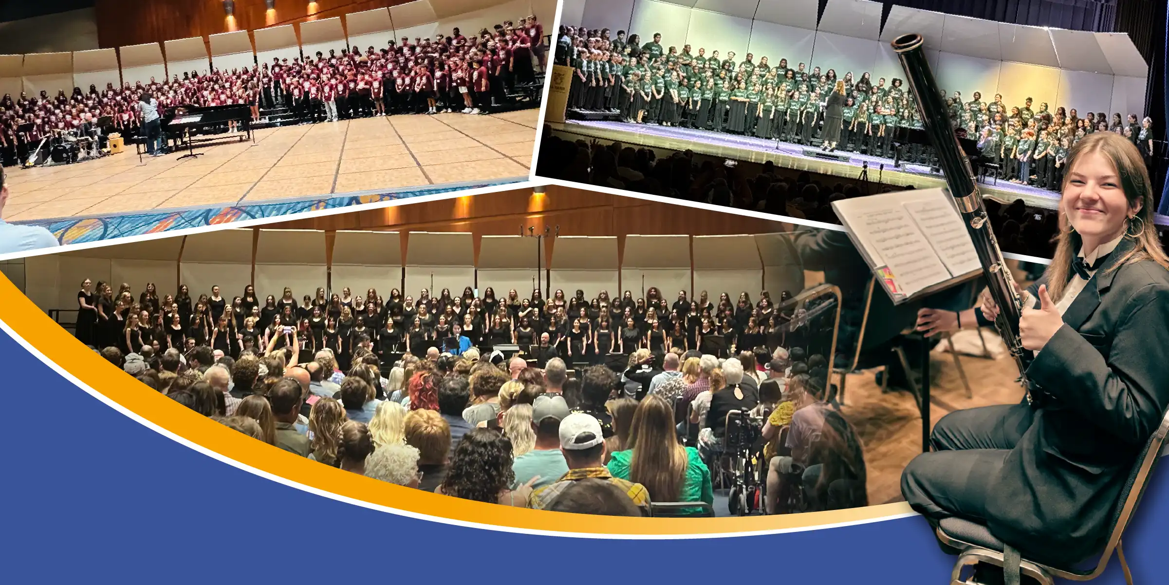 Collage of choir performances on stage in a concert hall, with a close-up of a smiling bassoon player holding their instrument and giving a thumbs-up.