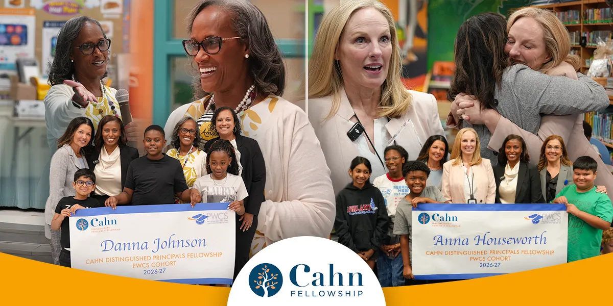 Collage of two school leaders holding Cahn Distinguished Principals Fellowship 2026–27 certificates in a classroom, with students and staff gathered for group photos; Cahn Fellowship logo at the base.