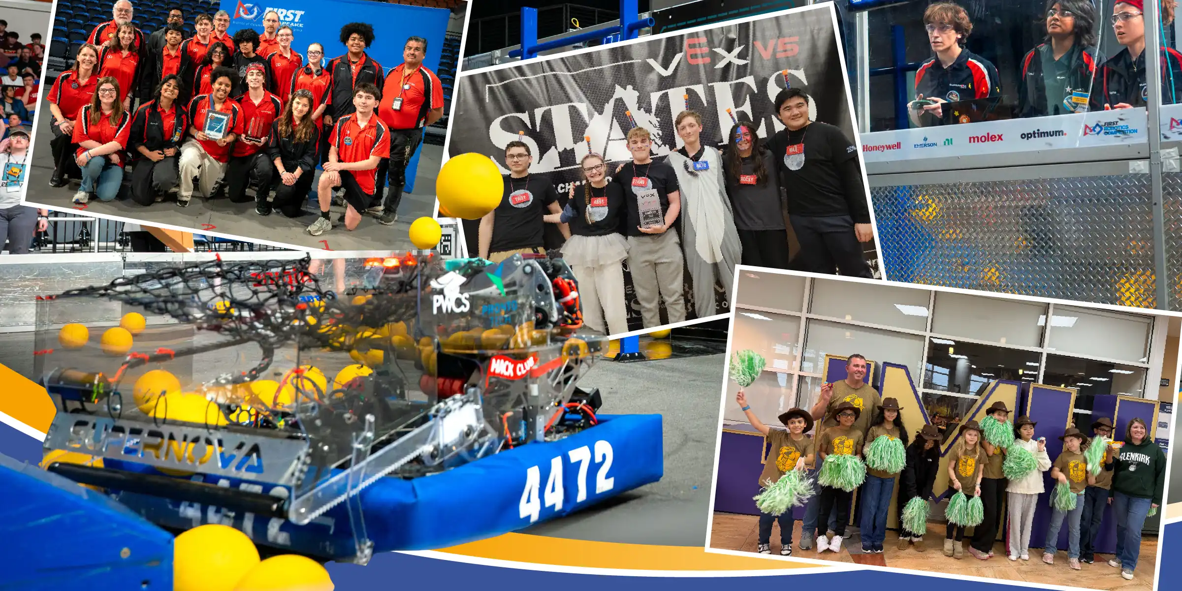 Collage of a youth robotics team at a competition, with group photos, students driving a robot, and a robot collecting yellow balls on the field.