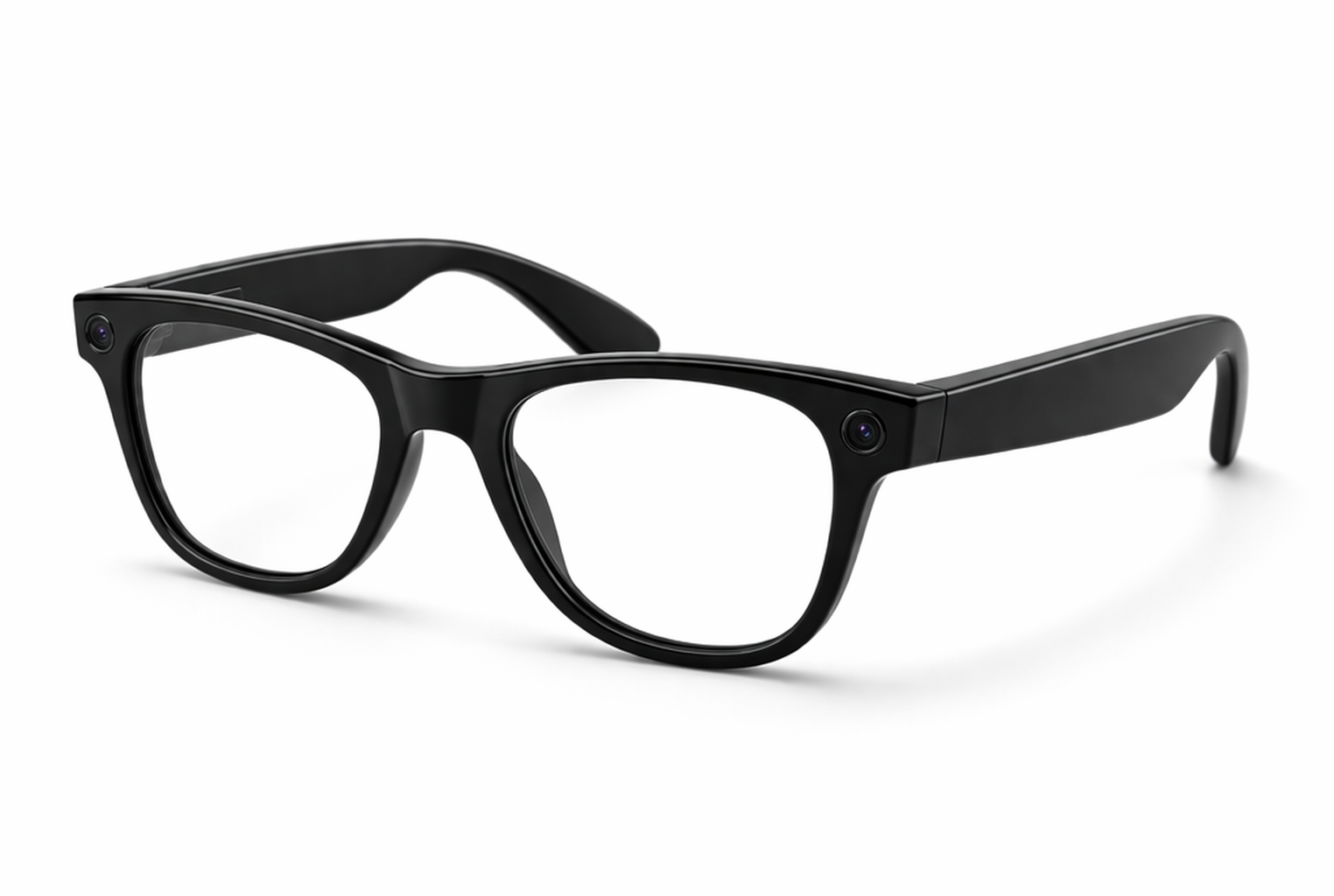Black smart glasses with built-in cameras on the front corners.