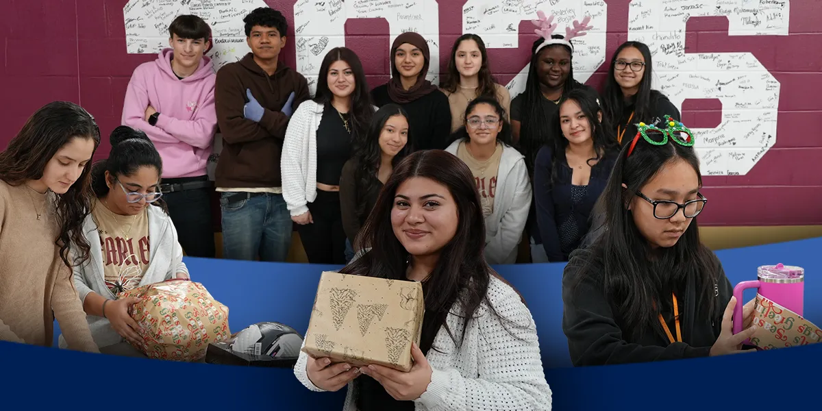 Graphic showing students wrapping gifts