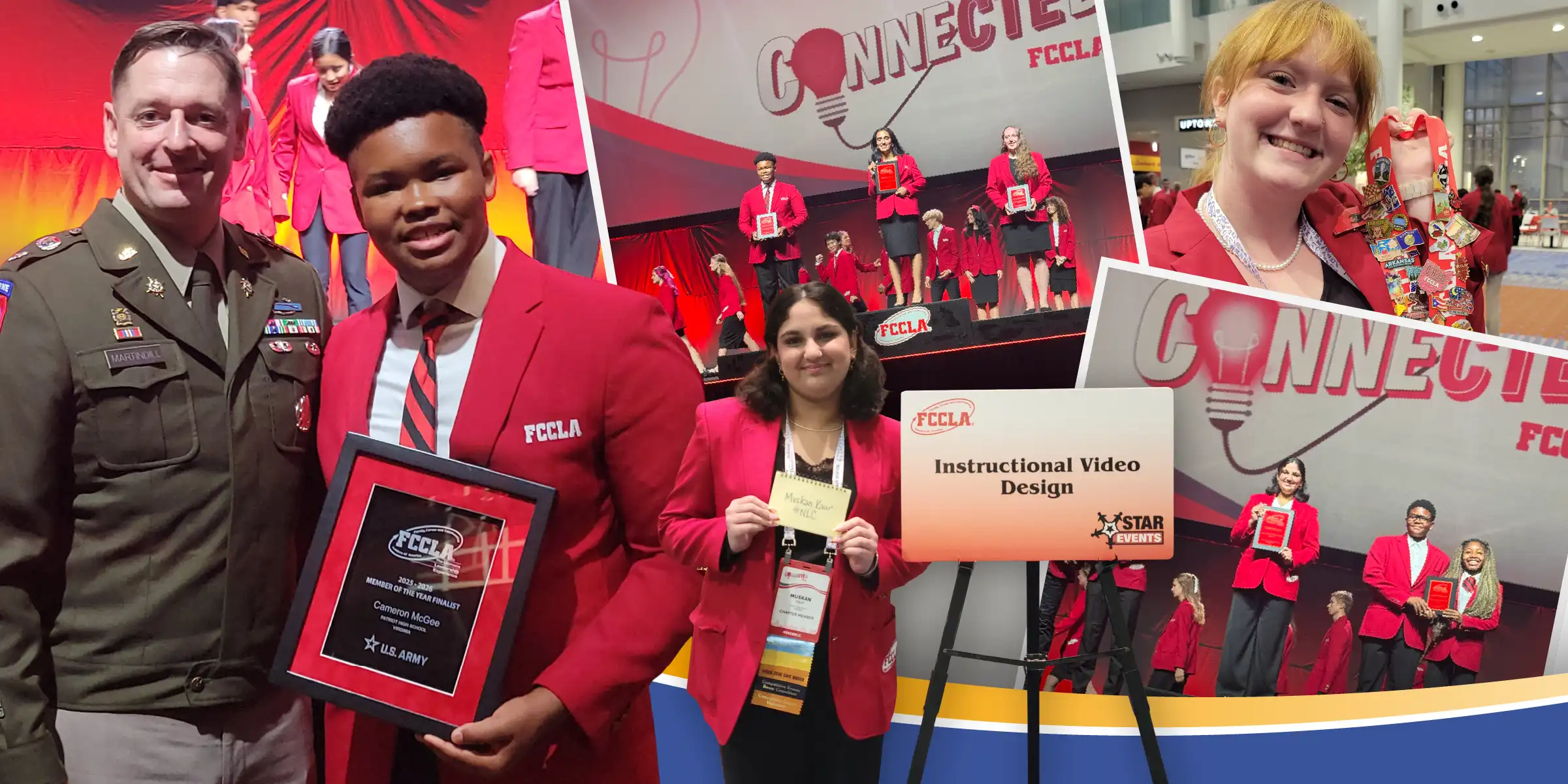 collage of FCCLA students wearing red blazers with their competition awards