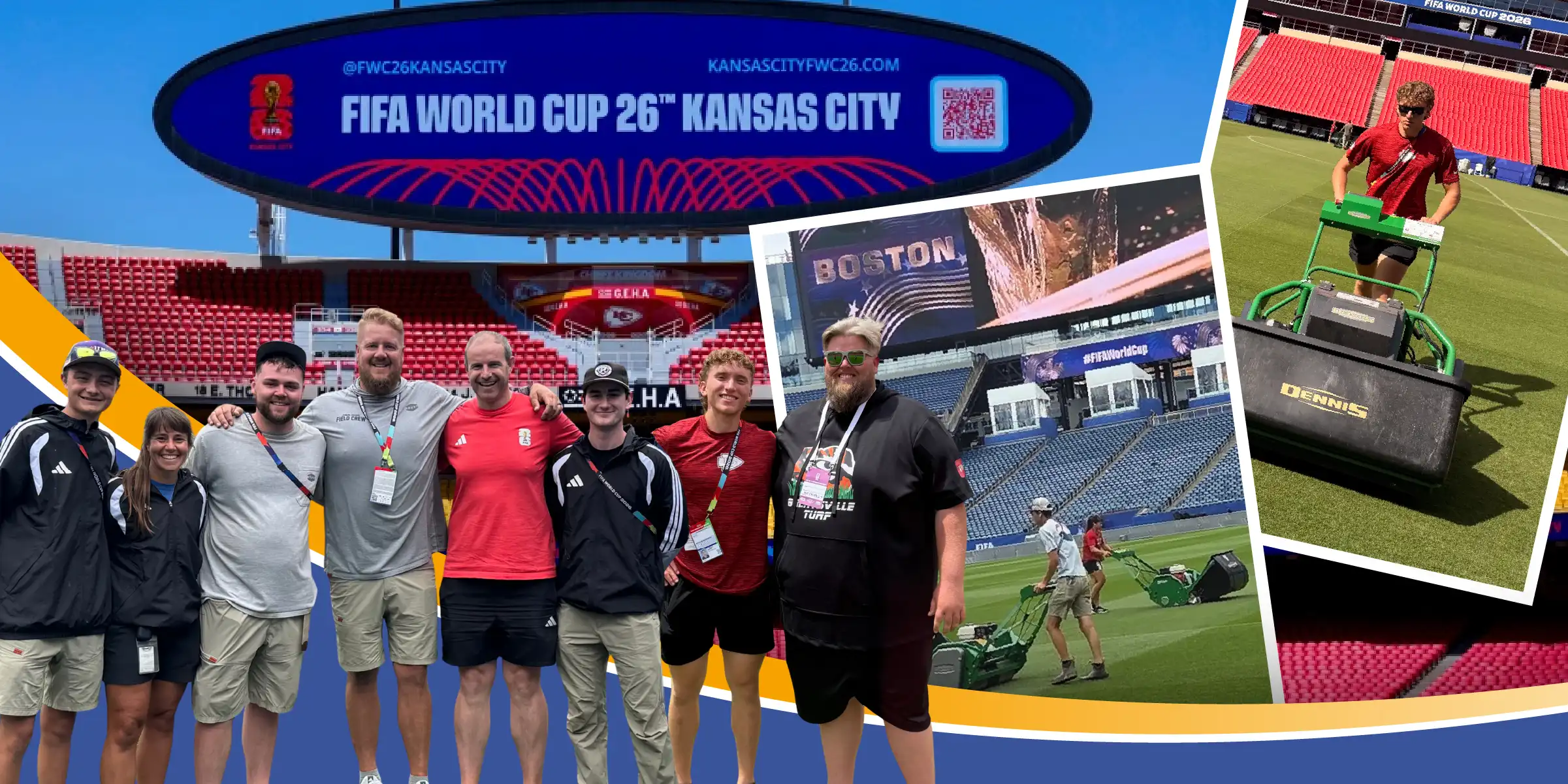 Collage of stadium grounds crew members and turf equipment.
