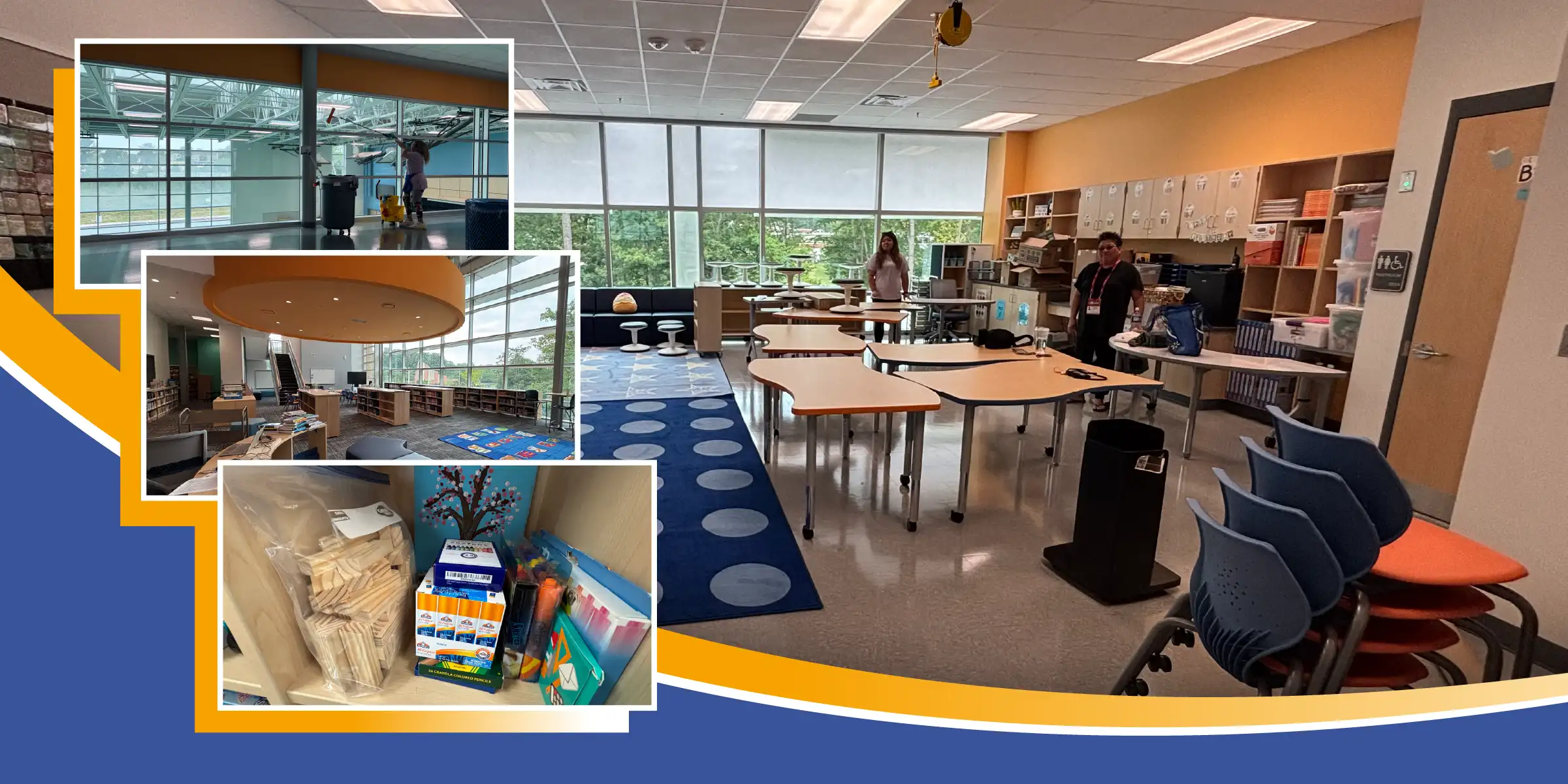 Collage of a modern classroom and library space with large windows, movable tables and chairs, and shelves of classroom supplies.