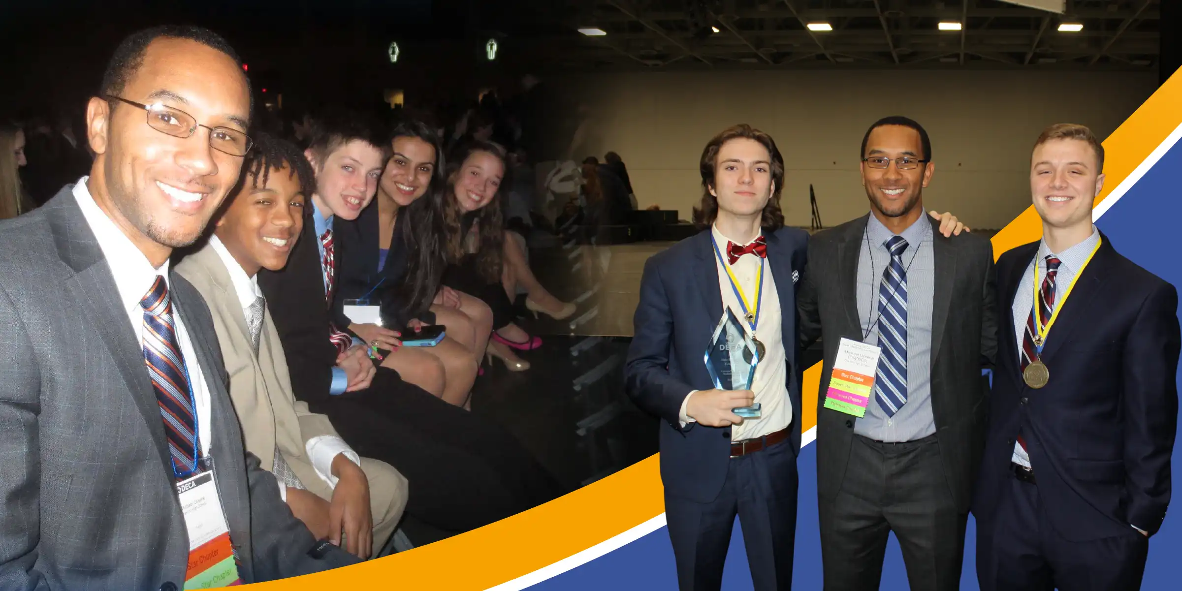 Collage of students in business attire at a conference, including a seated group smiling for the camera and three young men posing with medals and an award.