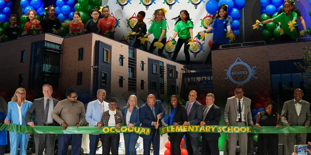 Collage showing a ribbon-cutting ceremony in front of Occoquan Elementary School, with students performing on a balloon-decorated stage above.
