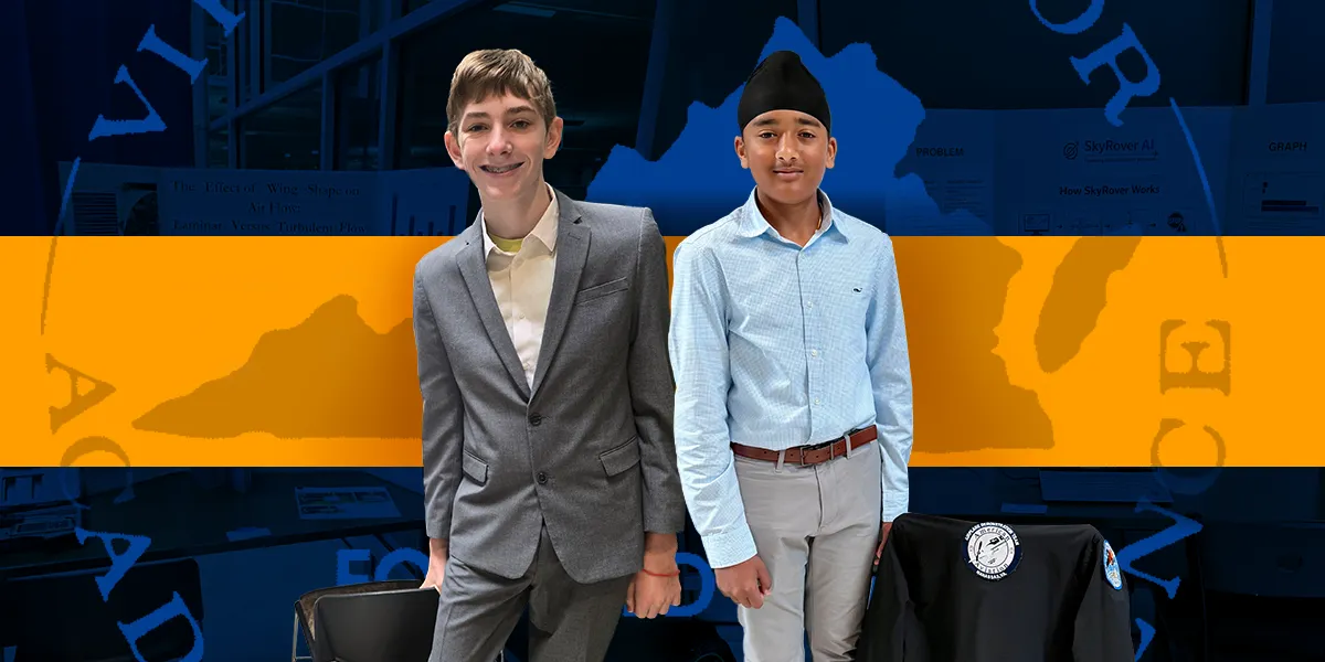 Two teenage boys in formal attire stand in front of a blue-and-gold Virginia-themed graphic backdrop.