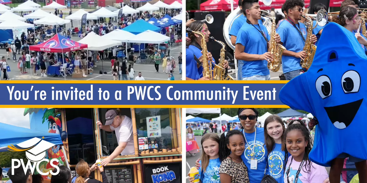 Promotional collage for a PWCS community event, showing a crowded outdoor festival with tents, a student band playing saxophones, a snow-cone truck, and families posing with a large blue mascot.