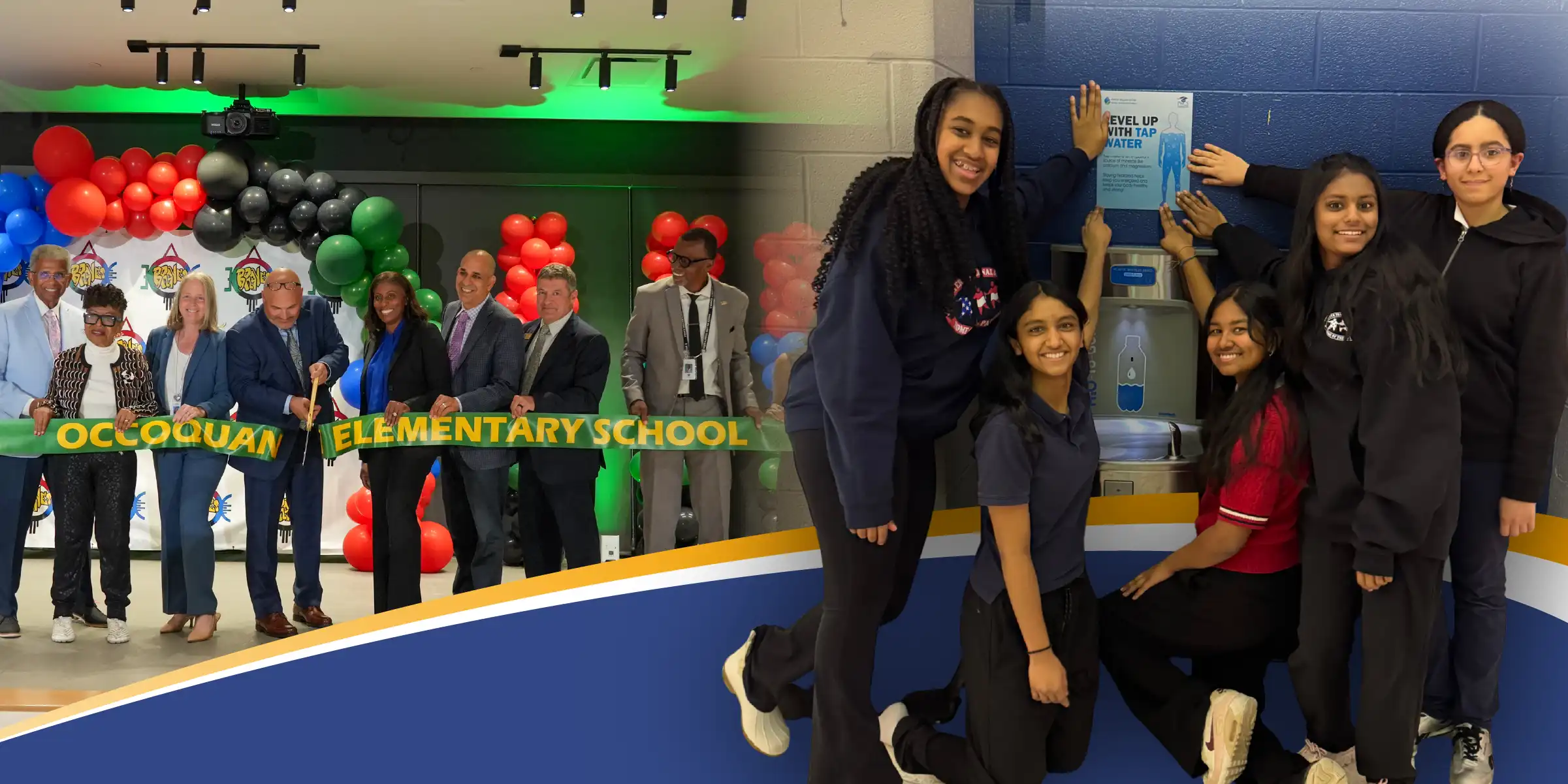 Officials hold oversized ceremonial scissors to cut an “Occoquan Elementary School” ribbon at a decorated event, alongside students posing by a water bottle-filling station.