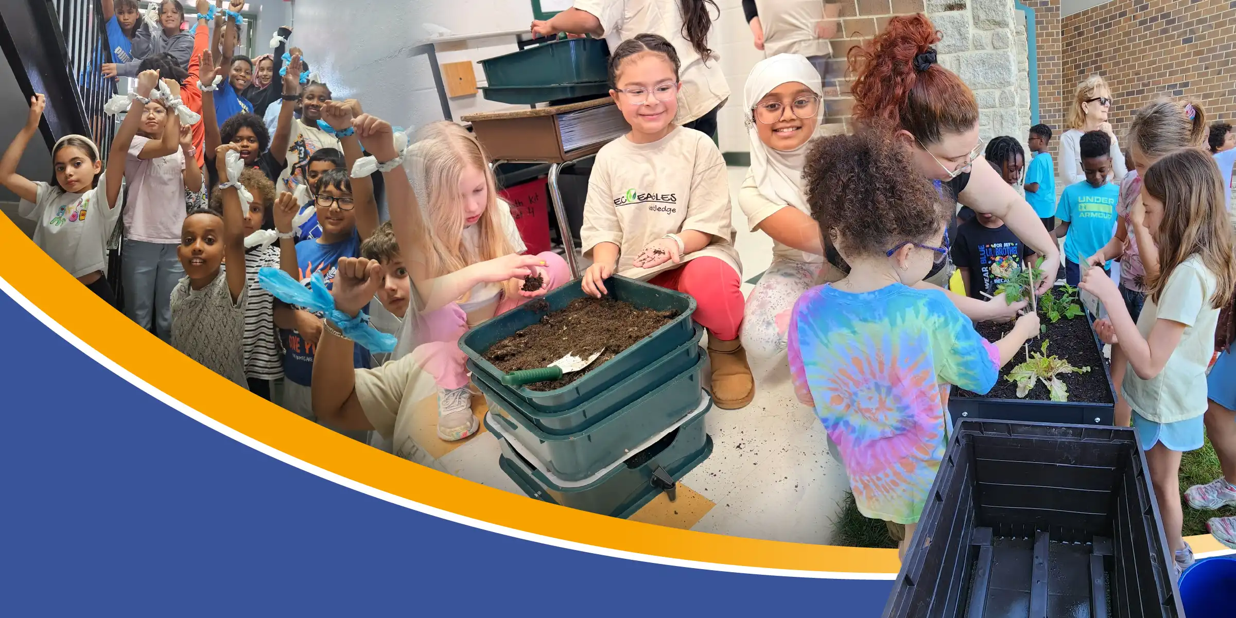 Collage of elementary students raising hands and participating in gardening activities indoors and outdoors.