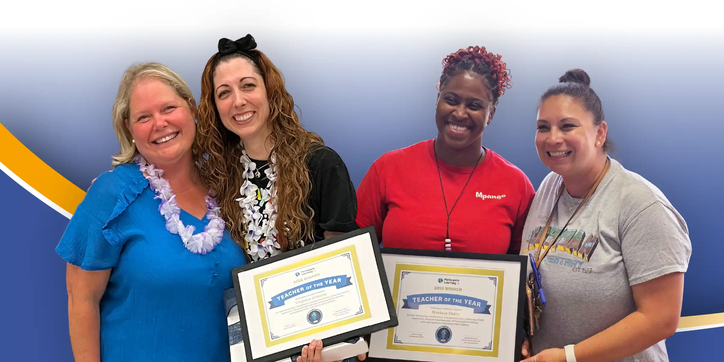 Four smiling women pose together holding framed Teacher of the Year certificates against a blue gradient background.