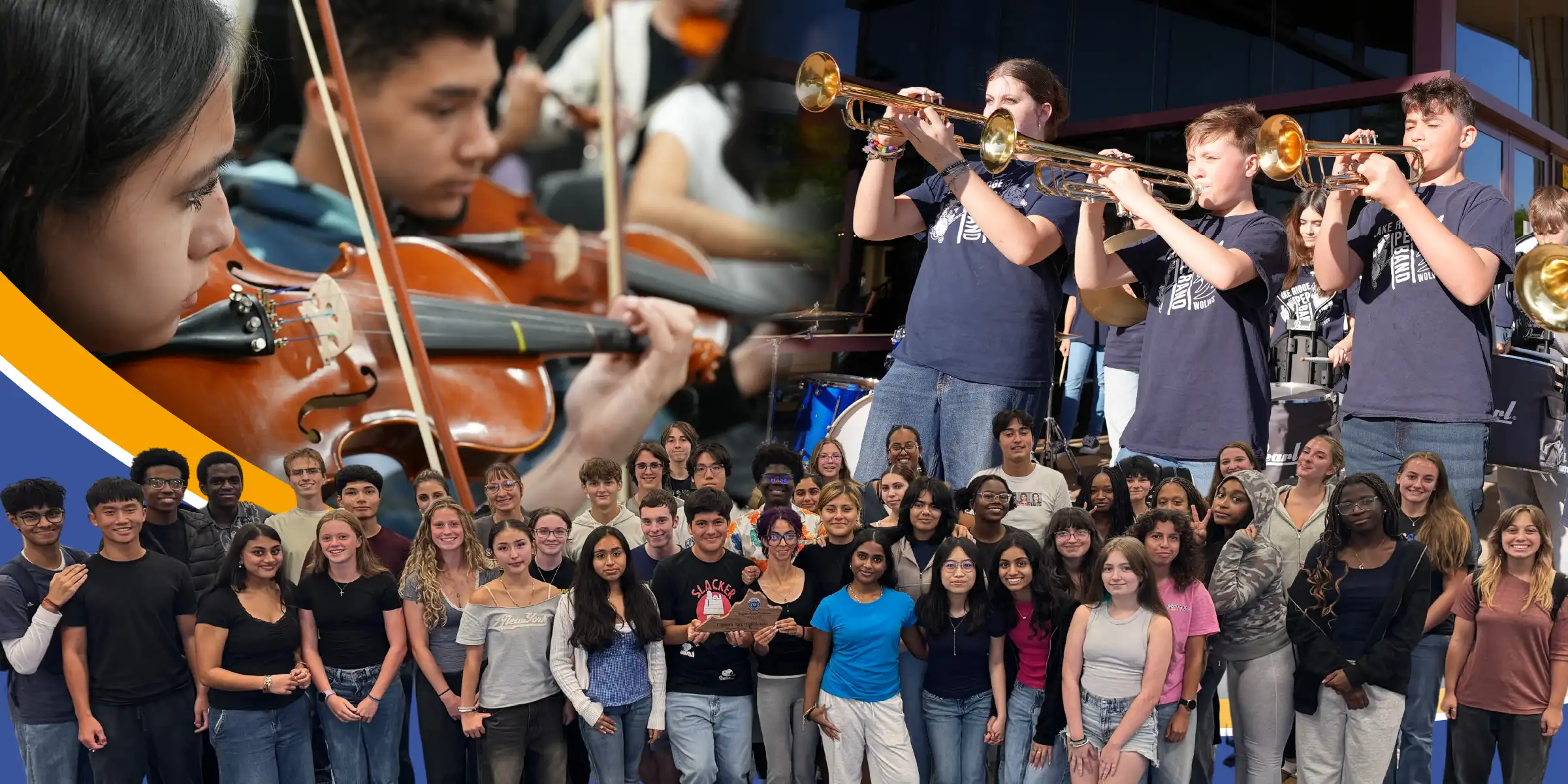 Two photos of student performers in PWCS holding instruments and a group photo of students with an award