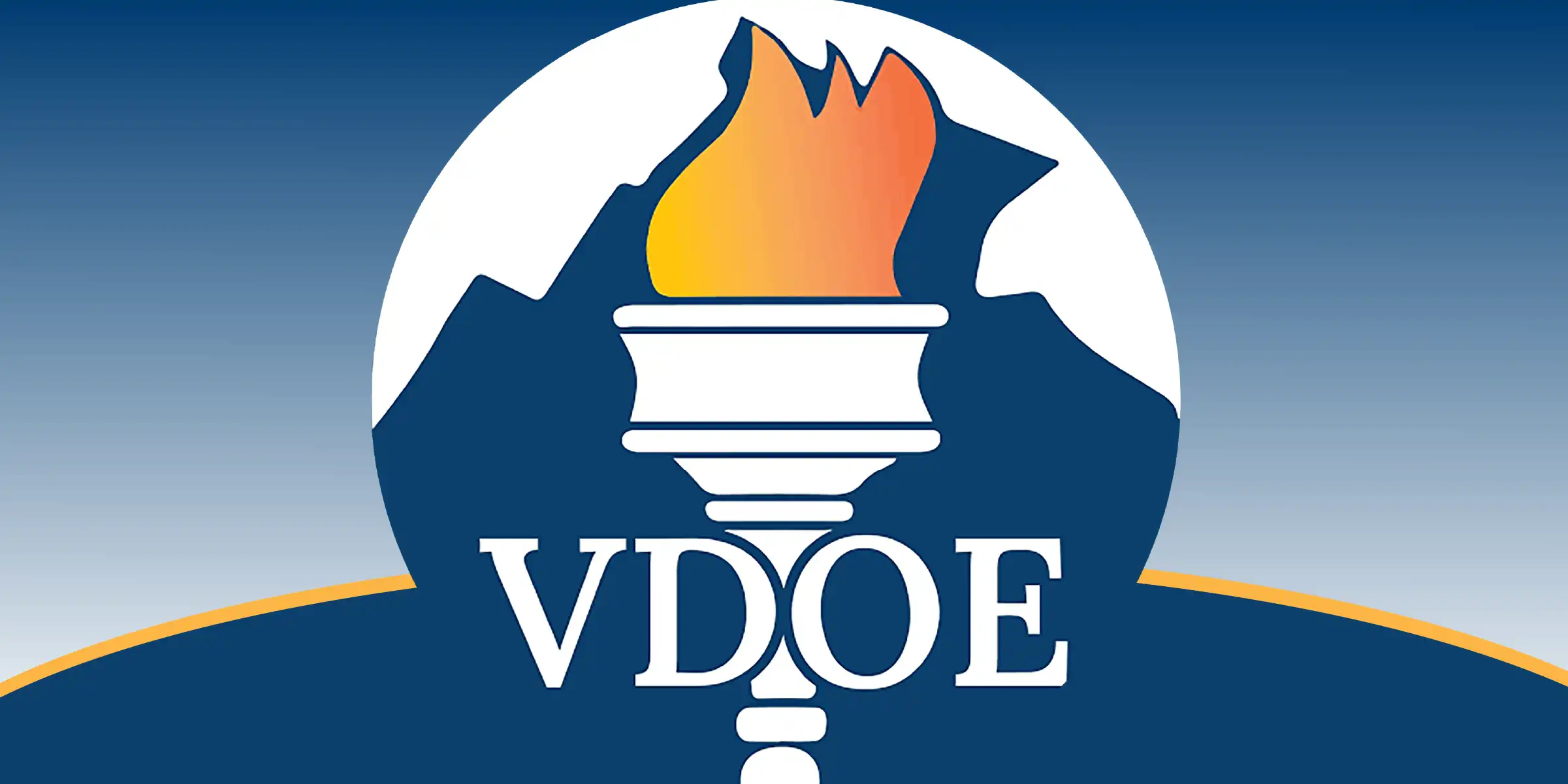 VDOE logo featuring a stylized torch with an orange flame in front of blue mountain shapes, with the letters VDOE below.
