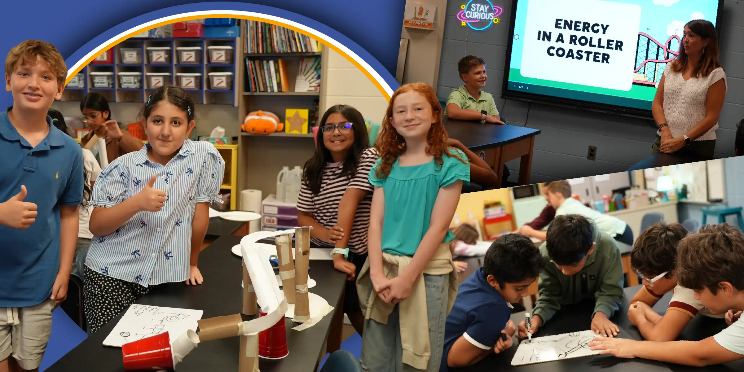 Collage of elementary students working on a classroom STEAM project, with a teacher presenting a slide titled "Energy in a Roller Coaster."