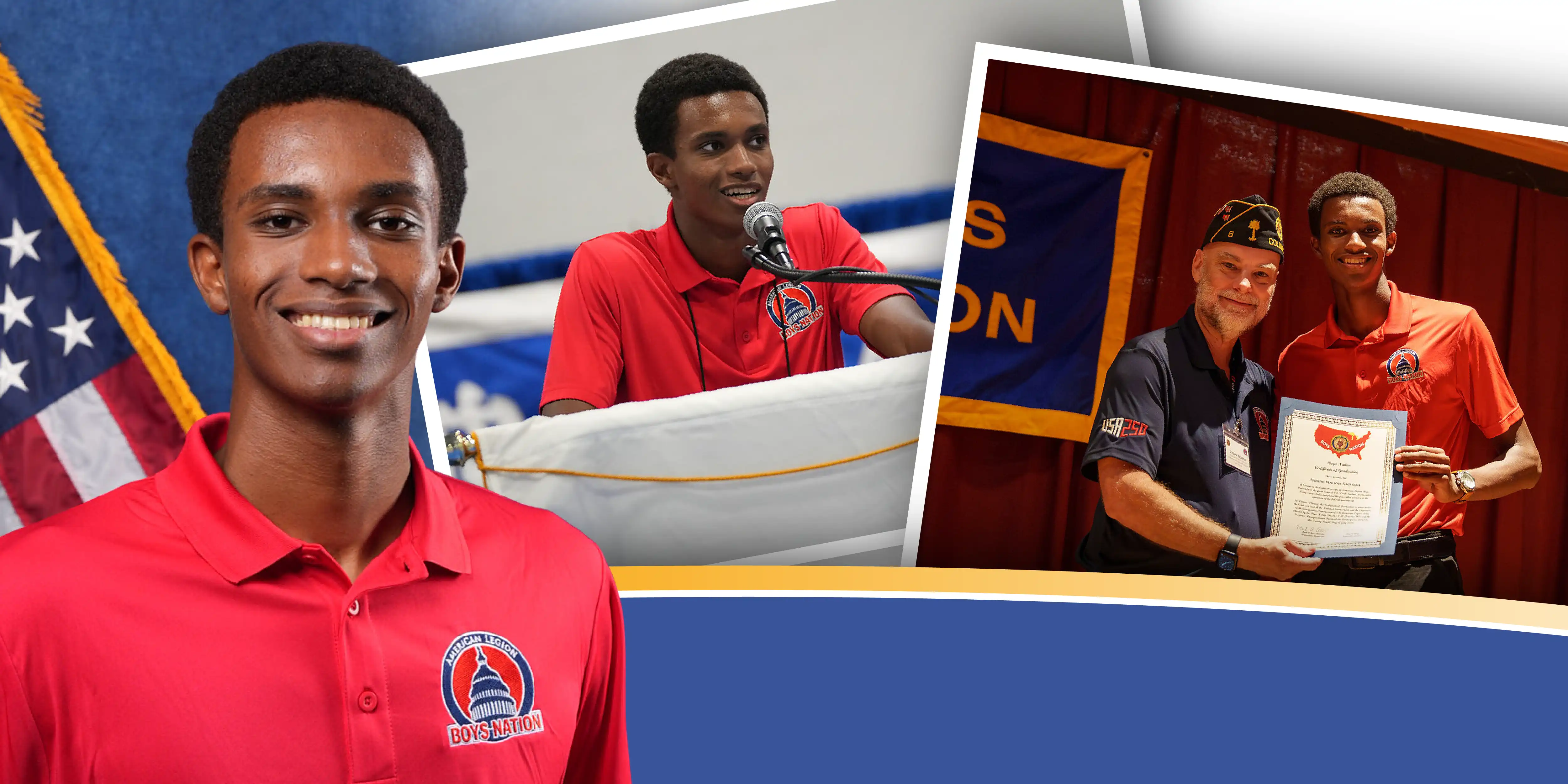 Photo collage of a teen in a red Boys Nation polo, shown in a portrait, speaking at a microphone, and receiving a certificate onstage.