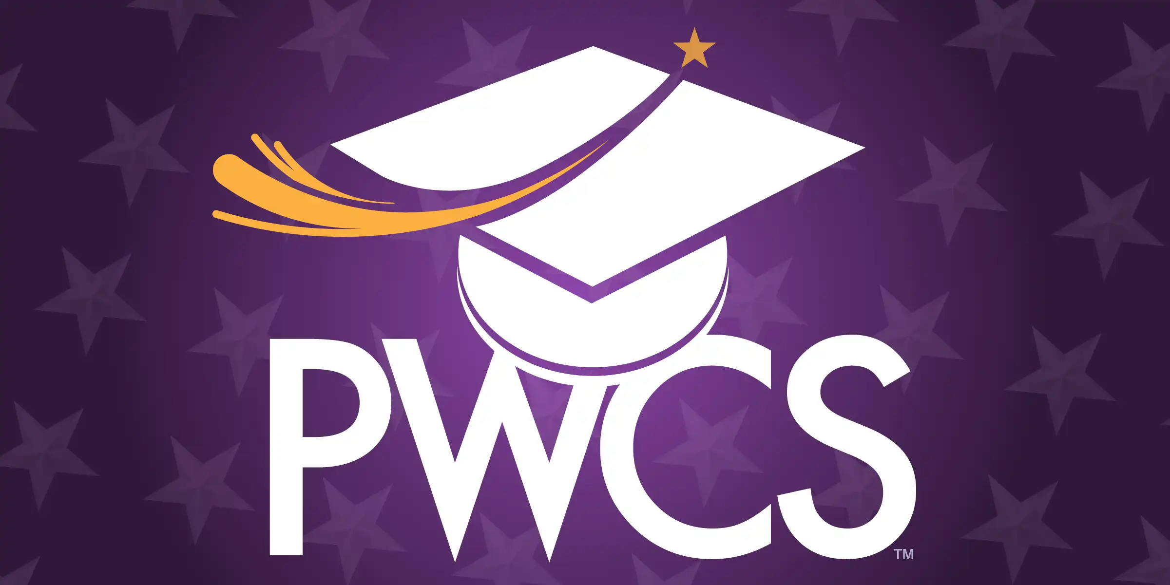 PWCS logo with a white graduation cap and a gold shooting-star swoosh on a purple background with faint stars.