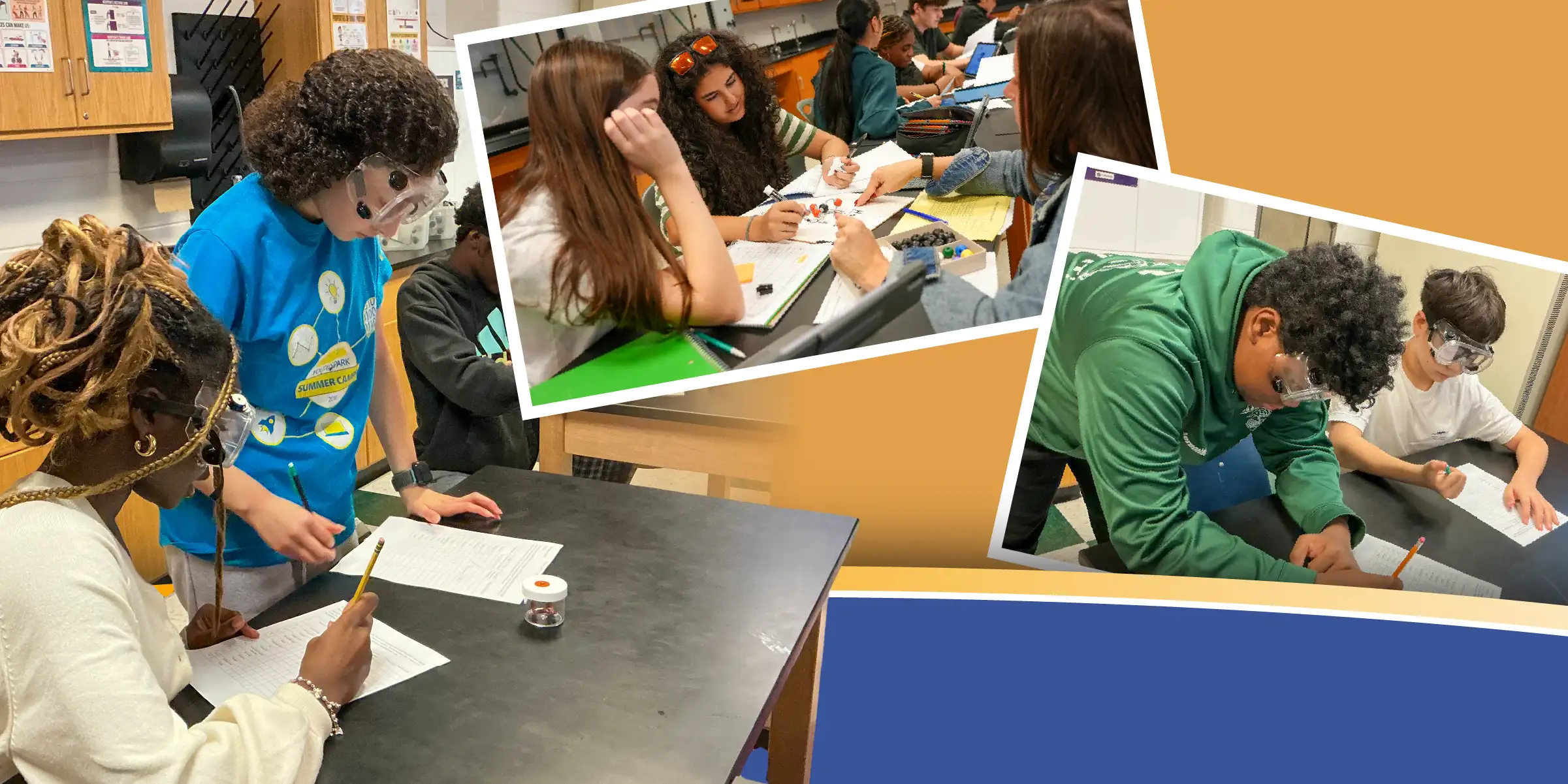 Collage of students in a science classroom wearing safety goggles and working together on lab worksheets and activities.