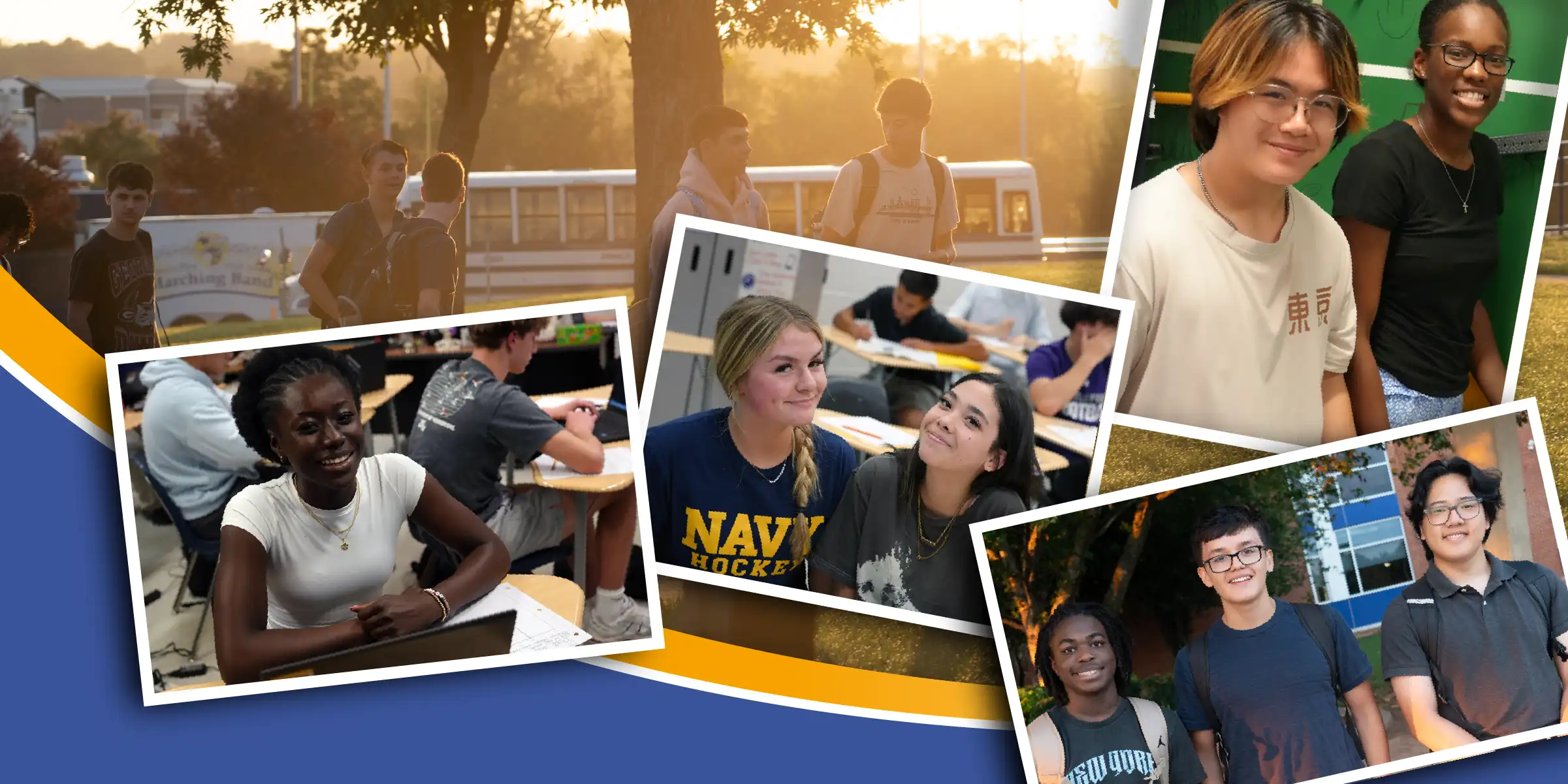 Collage of high school students on campus, with candid photos in classrooms and hallways layered over a sunset outdoor scene.