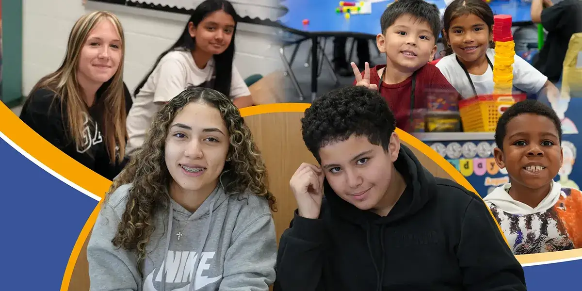 Collage of students seated in classrooms, including high school, middle school, and elementary school students