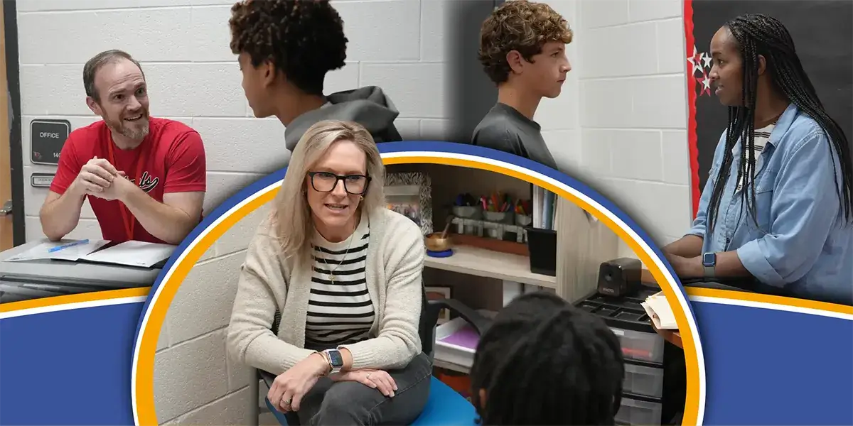 Collage of school counselors meeting with students