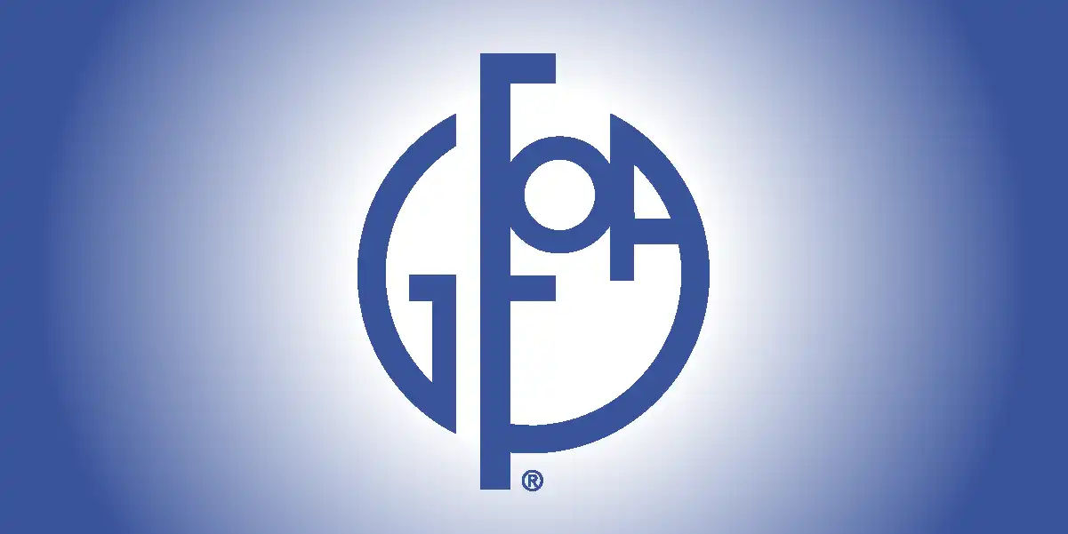 Blue GFOA monogram logo inside a circle on a light blue gradient background.