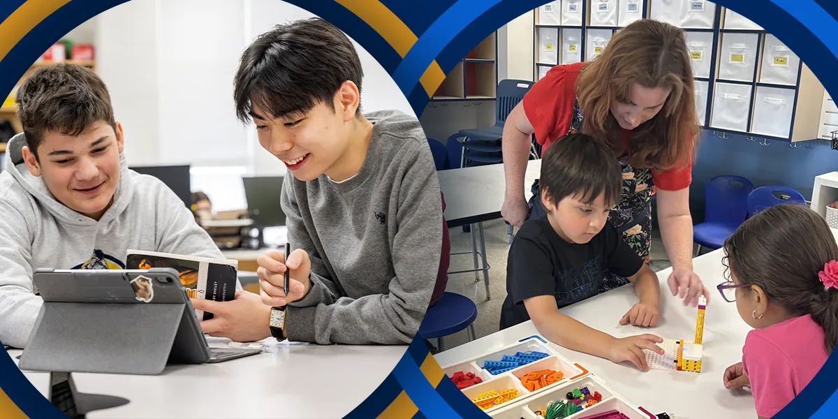 Two classroom scenes: students working together on a tablet at a desk, and a teacher guiding children building with colorful blocks at a table.