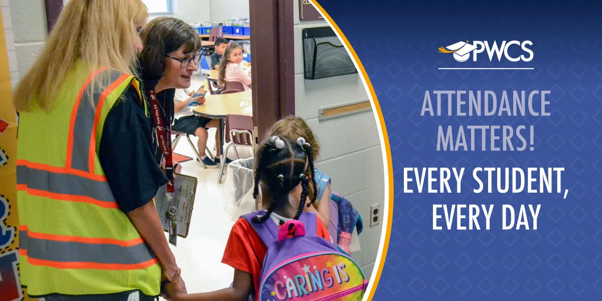 Students in school hallway with teacher and aide. Text: Attendance Matters! Every Student, Every Day