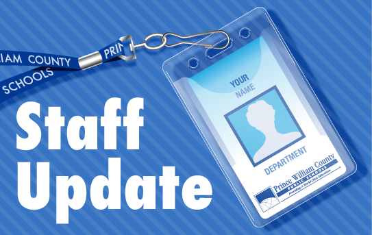 PWCS staff badge with lanyard with the text: Staff Update