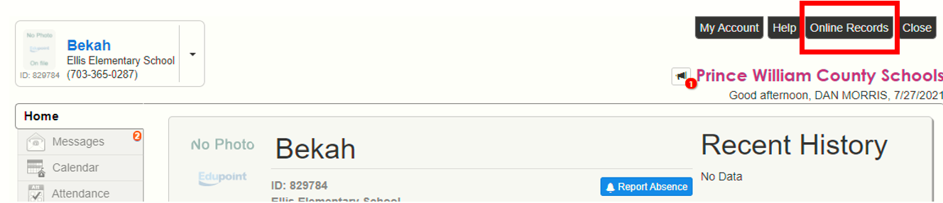 Screenshot of ParentVUE page directing parents to select Online Records Tab