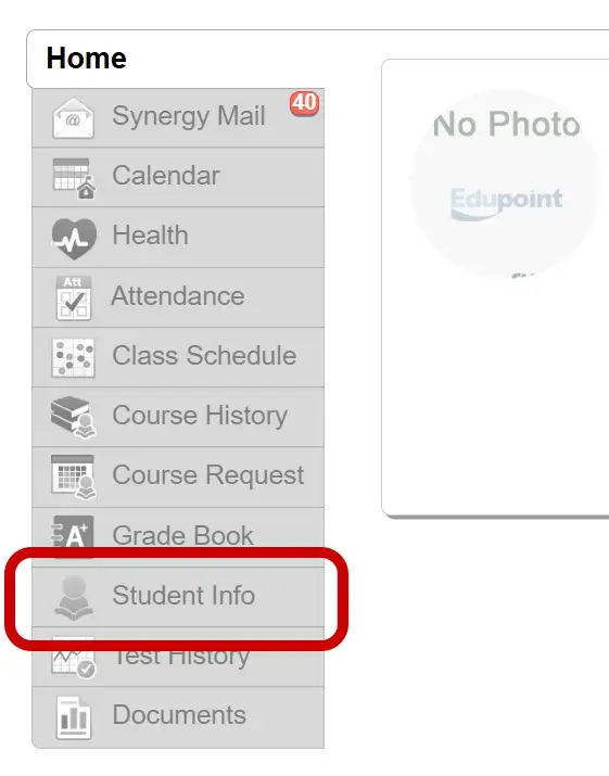 Screenshot of the Student Info menu item in ParentVUE