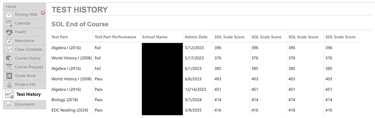 image of Parentvue page with “test history” selected on the left side panel, and Sol, VAAP, and ACCESS scores on the right