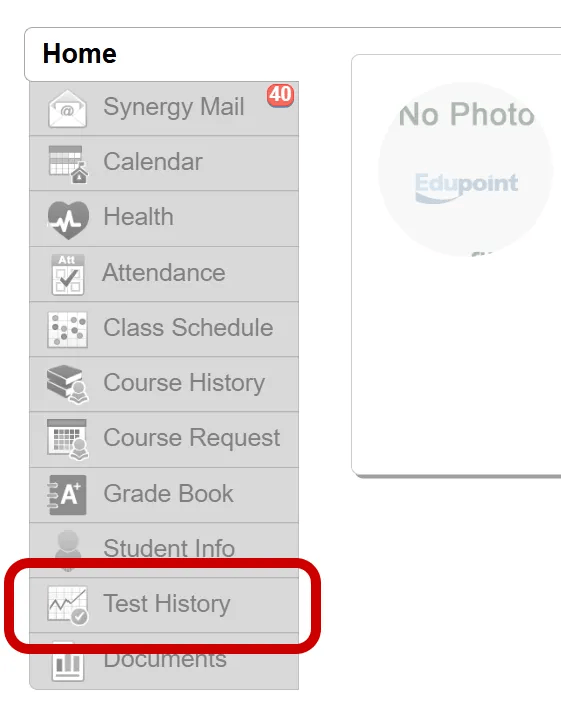 Prince William County Schools online student portal showing test history selected on left panel