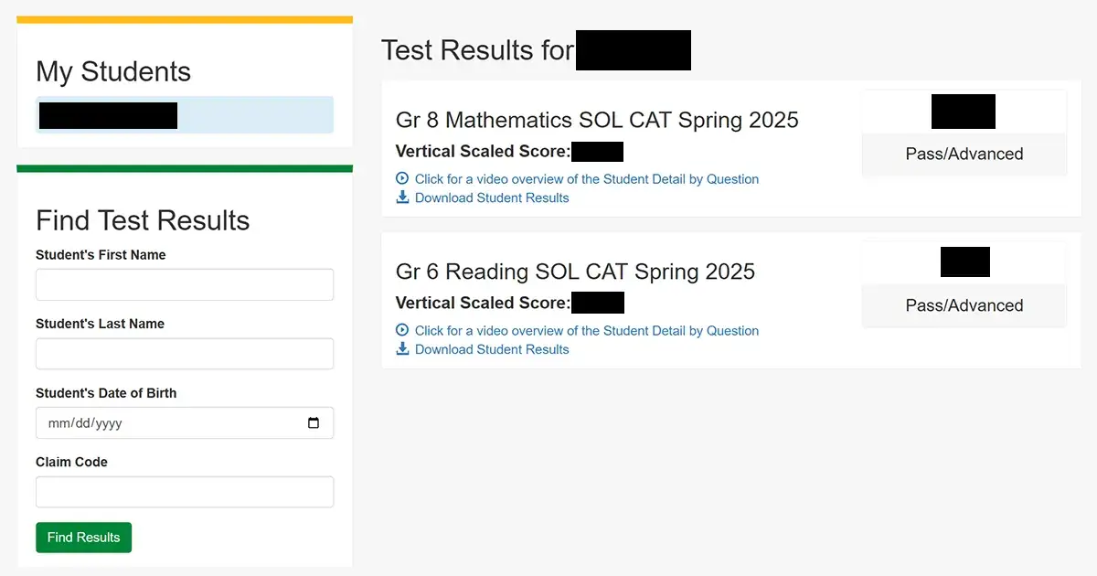 Screenshot of Virginia Assessment Parent Portal Find Test Results section