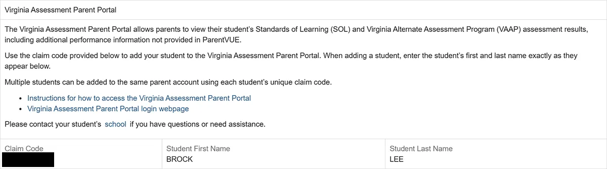 Screenshot of the Virginia Assessment Parent Portal section of the Student Info webpage in ParentVUE