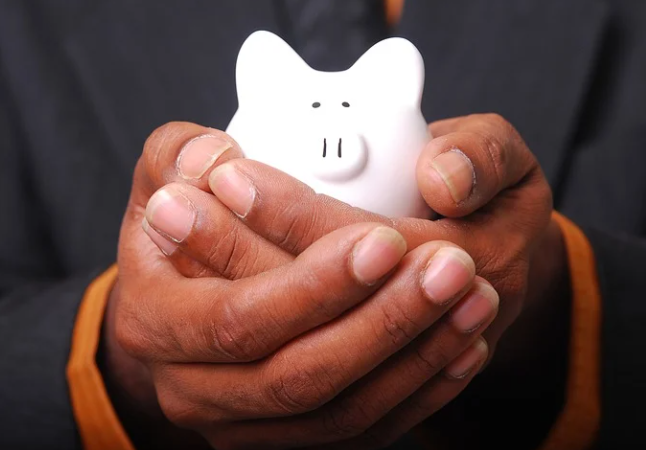 A pair of hands holding a small piggy bank in the shape of a pig