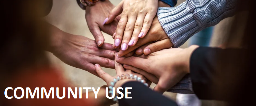 a banner with the text "community use." the background is of multiple hands belonging to different individuals reaching forward in friendship