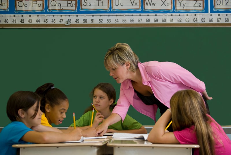 Teacher talking to a group of students in a classroom