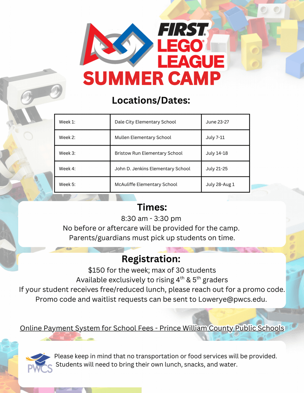First Lego League summer camp flyer; the text matches the information posted here with different format and a decorative background