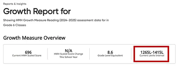 Screenshot of HMH Growth Measure report with Lexile Interval highlighted