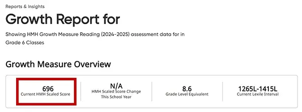 Screenshot of HMH Growth Measure report with HMH Scaled Score highlighted